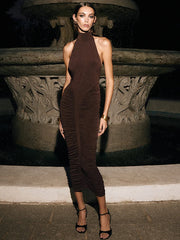 Brown ruched sleeveless dress with halter neck and slim fit