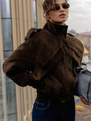 brown corduroy high collar jacket styled for fall layering