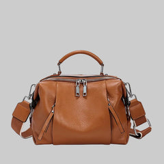 Cowhide leather satchel bag with top handle and zip closure