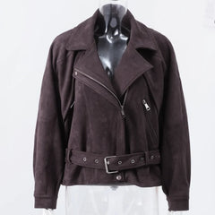 Brown faux suede jacket styled for autumn layering with chic belt