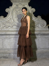 Brown halter neck ankle-length dress with tiered skirt and dotted pattern