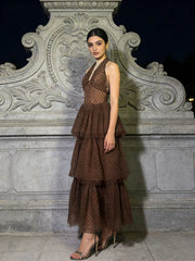 Brown halter neck ankle-length dress with tiered skirt and dotted pattern