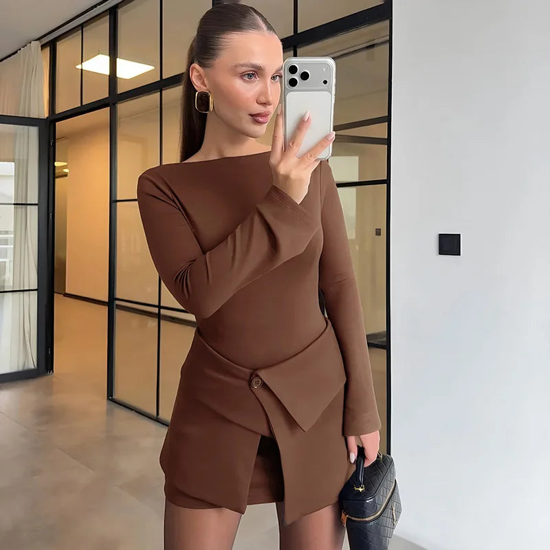 Brown long sleeve mini dress set with detachable asymmetric skirt overlay