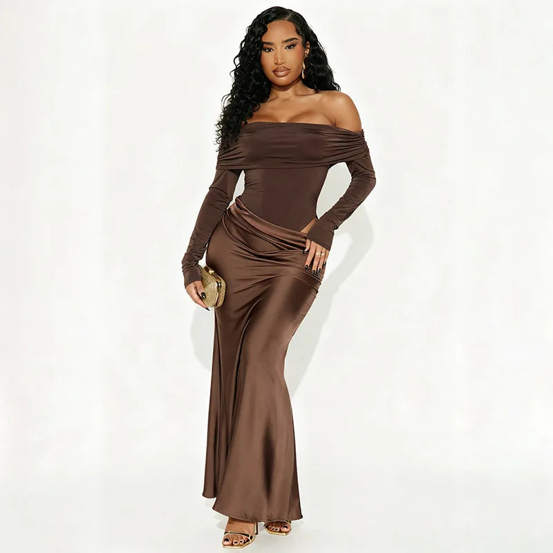 Brown off-shoulder bodysuit with satin maxi skirt set
