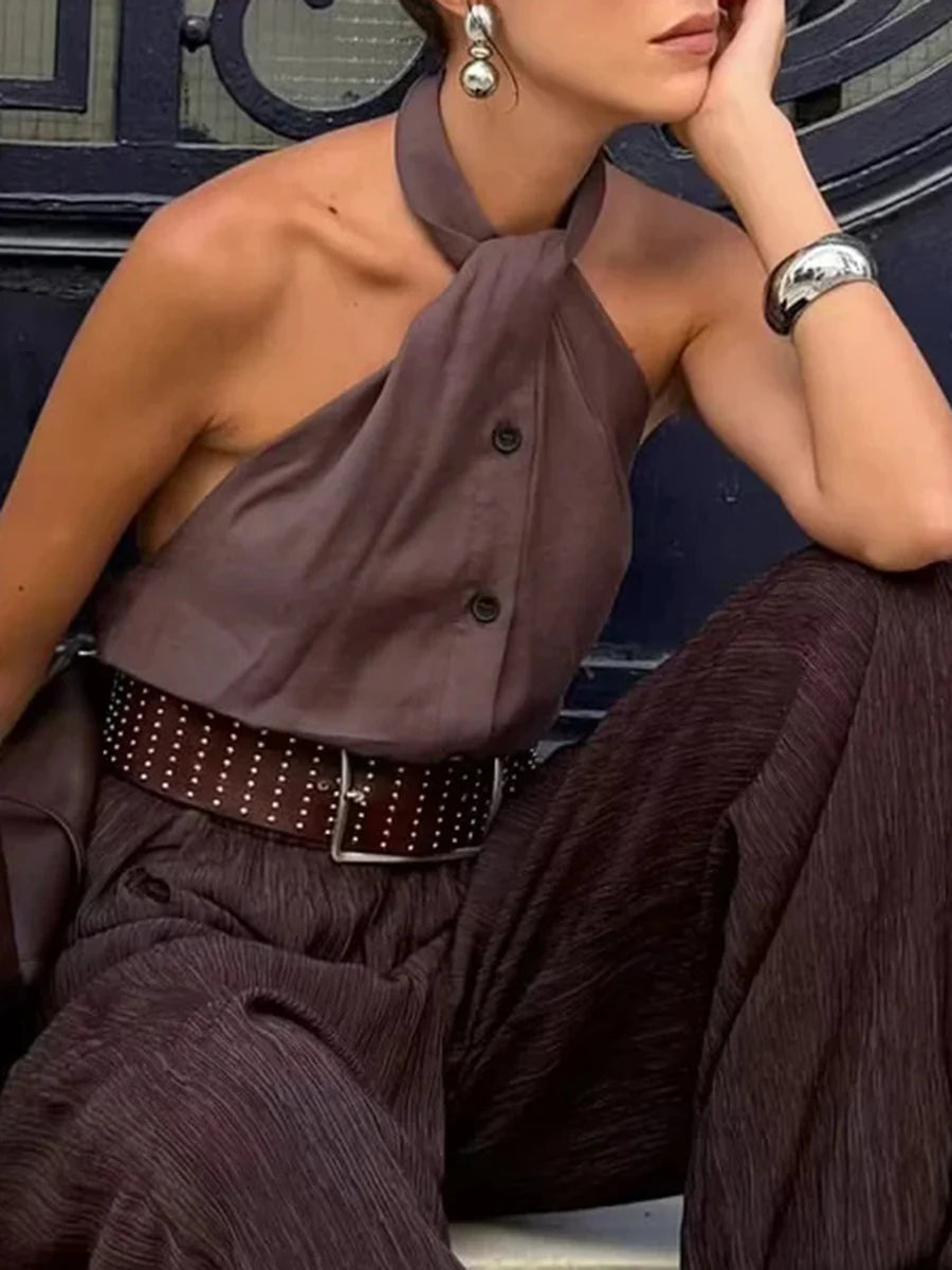 Brown one-shoulder vintage tank top styled with a belt for summer