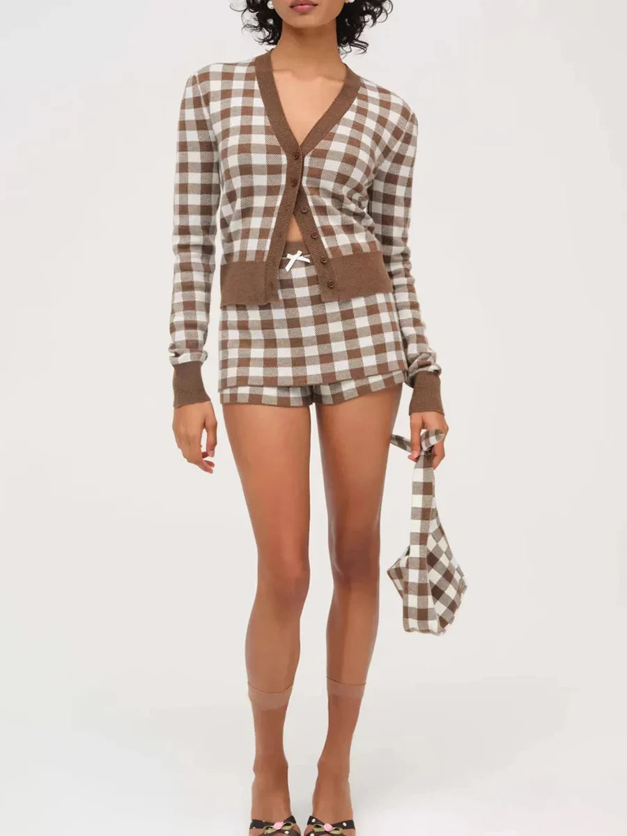 Brown plaid cardigan and shorts set styled for women