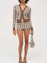 Brown plaid cardigan and shorts set styled for women