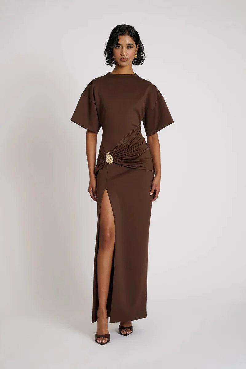 Brown ruched maxi dress with thigh slit and sculpted fit