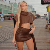 Brown ruched two-piece mini dress set for a bold party look