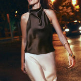 Brown satin cowl neck halter top with open back for summer wear