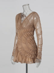 Brown pleated mini dress in sheer woven fabric