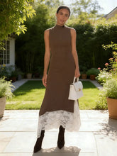 Brown sleeveless maxi dress with lace patchwork hem at the bottom