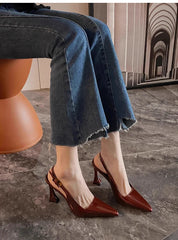 Brown pointed-toe slingback sandals with square heels