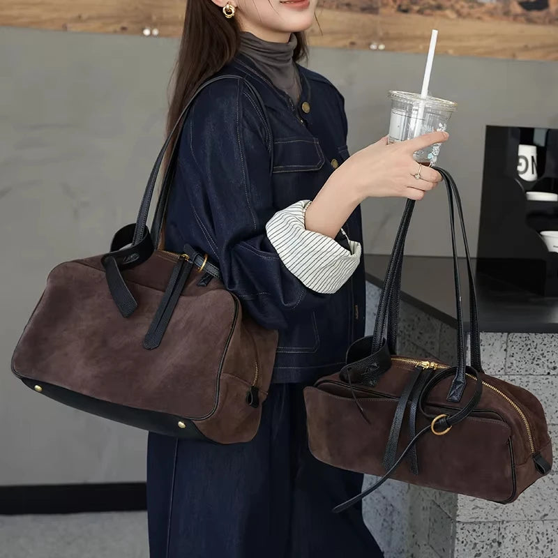 Suede-finish leather shoulder bag in deep brown with structured box shape