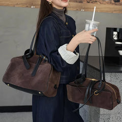 Suede-finish leather shoulder bag in deep brown with structured box shape