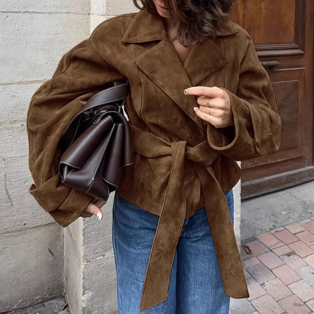 Brown suede tie-waist jacket styled for cozy winter layering