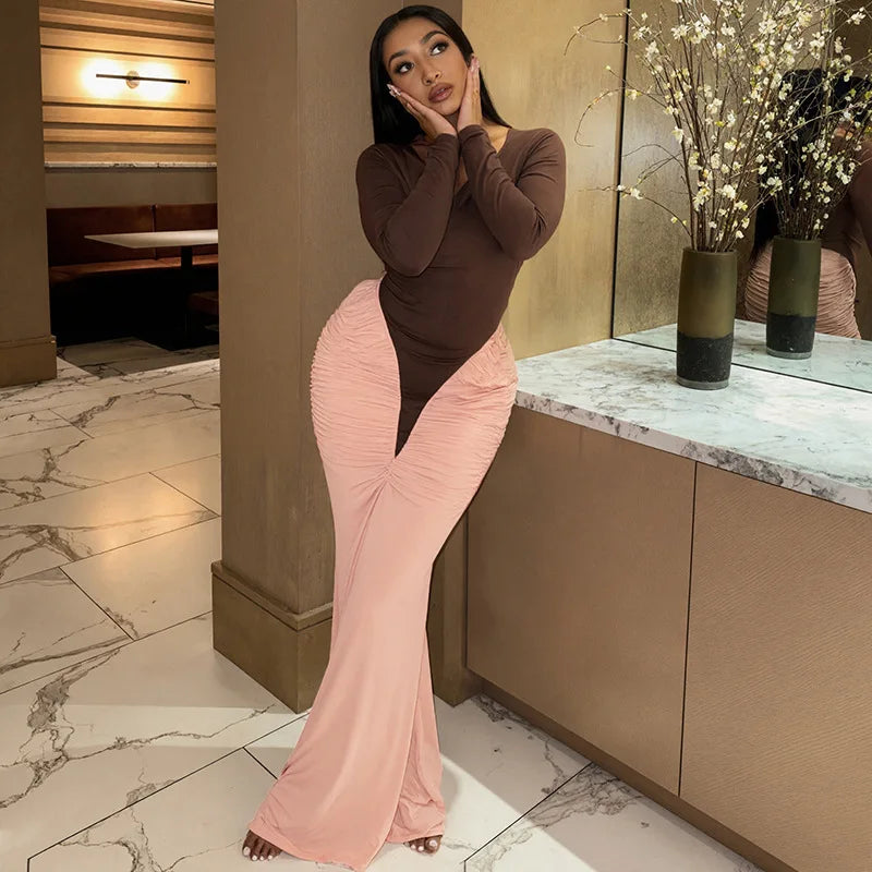 Contrast knit maxi dress styled indoors