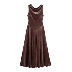 Brown velvet cowl neck midi dress for vintage autumn events
