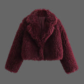 Burgundy faux fur button jacket for cozy office layering
