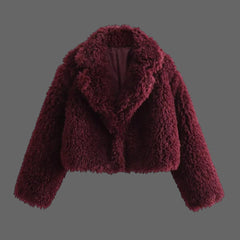 Burgundy faux fur button jacket for cozy office layering