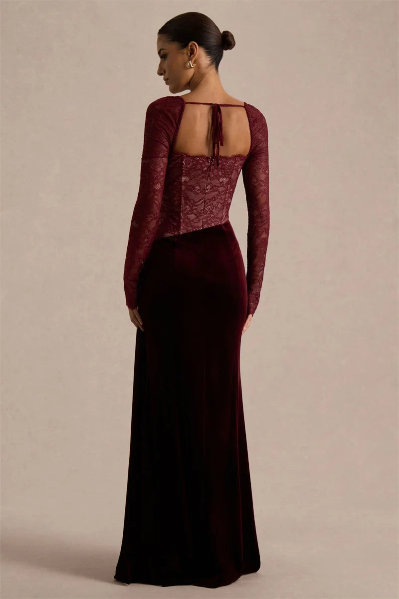 Detail-focused view of the lace bodice texture and square neckline on a burgundy long sleeve gown with a structured, sculpted fit.