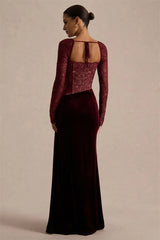 Detail-focused view of the lace bodice texture and square neckline on a burgundy long sleeve gown with a structured, sculpted fit.