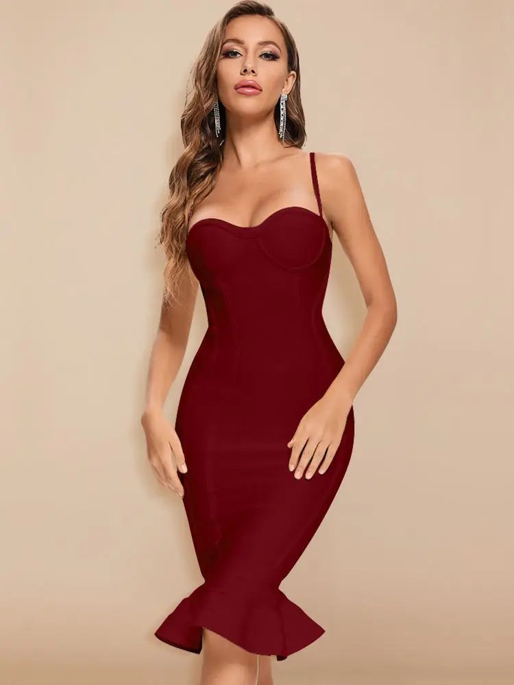 burgundy mermaid bandage midi dress with trumpet hem