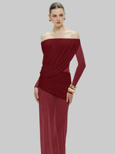 Off-shoulder floor-length gown with sculpted draping and long sleeves