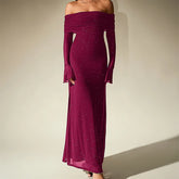 Off-shoulder sequin mesh maxi dress with long flared sleeves