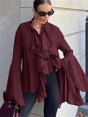 Burgundy chiffon blouse with dramatic ruffles and bell sleeves