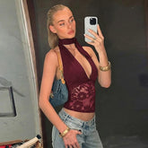 Burgundy sheer lace halter crop top with V-neck front