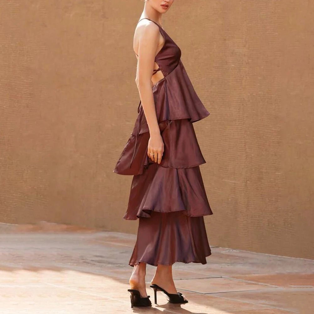 Burgundy tiered ruffle maxi dress with deep V neckline and sleeveless design