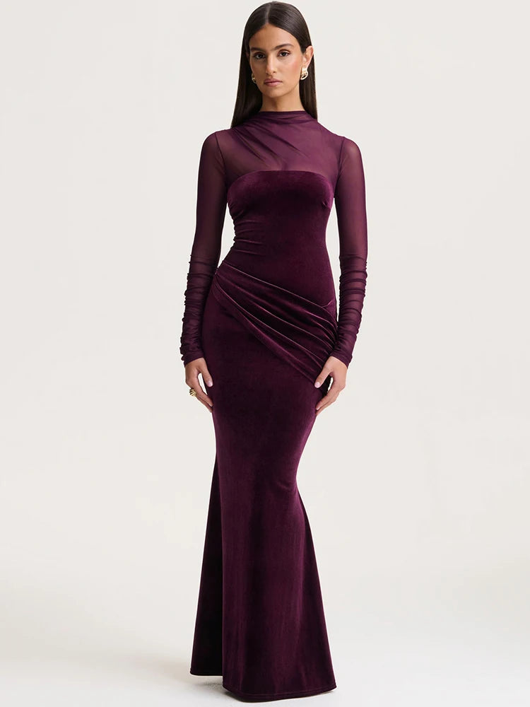 Floor-length velvet sheath dress with sheer mesh long sleeves