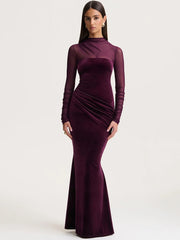 Floor-length velvet sheath dress with sheer mesh long sleeves