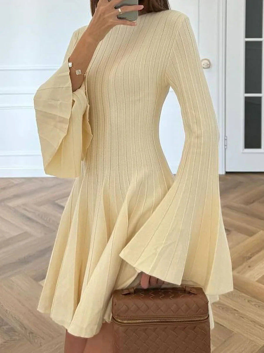 Butter yellow mini dress with dramatic bell sleeves for office and autumn styling