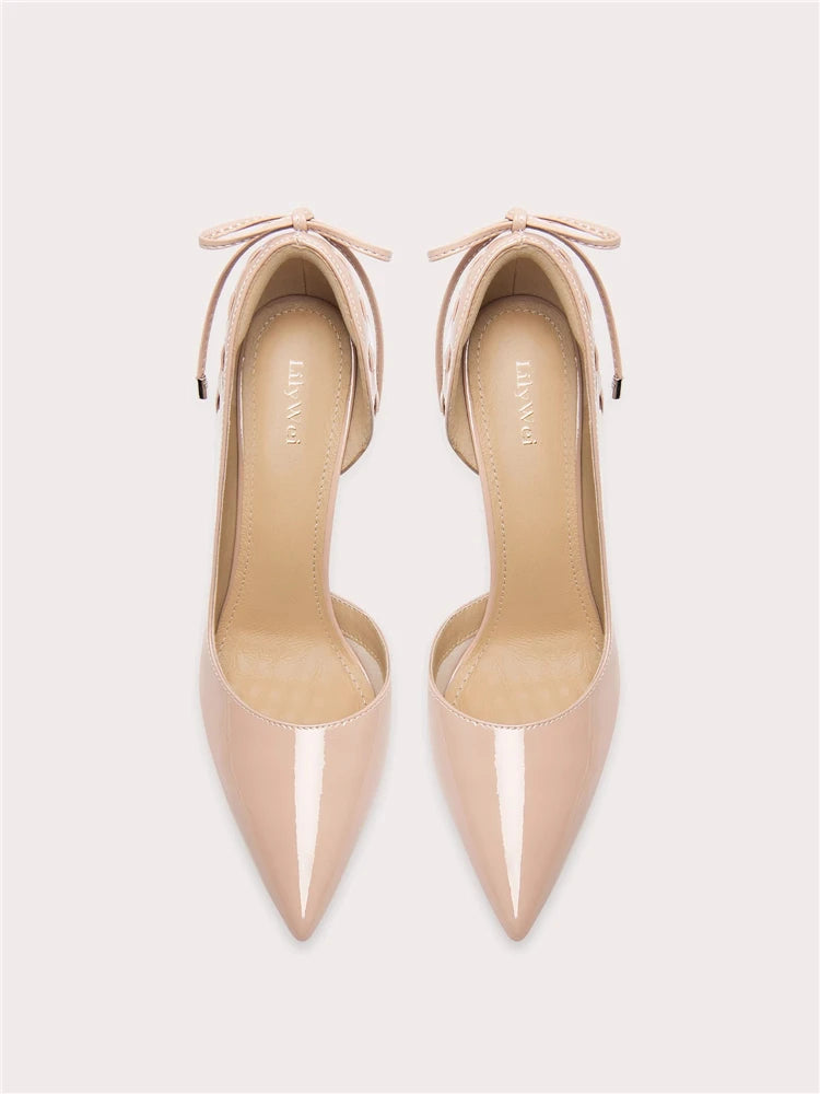 Butterfly-knot party pumps in beige patent leather