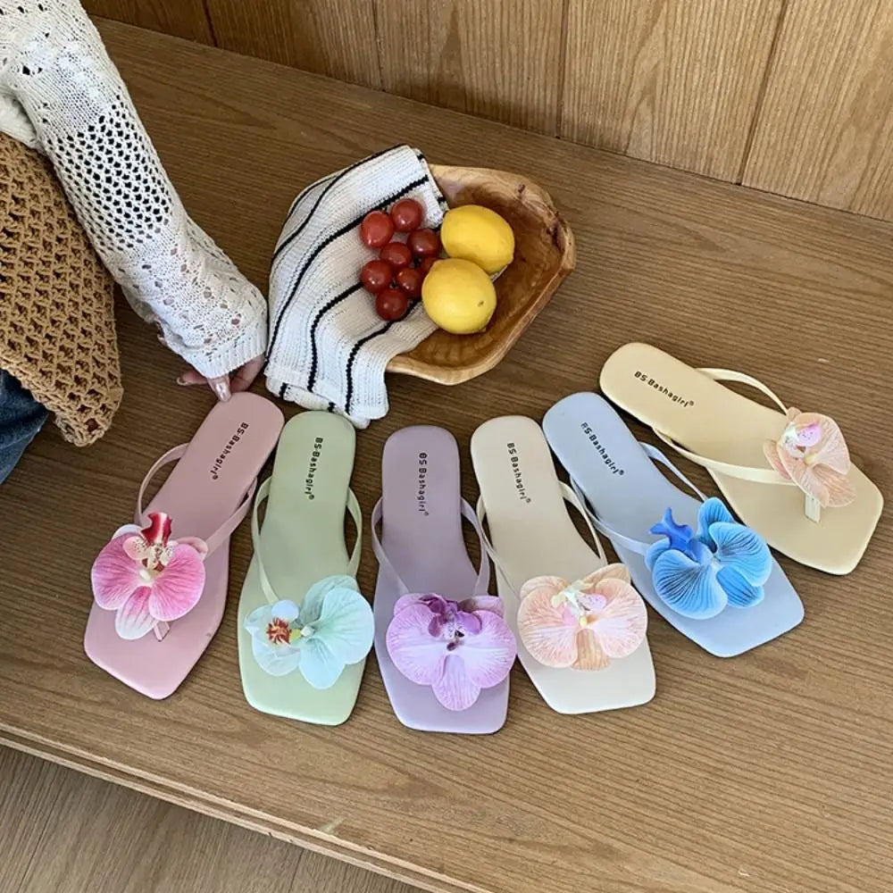 Butterfly orchid flower flip flops in colorful styles for women’s summer fashion
