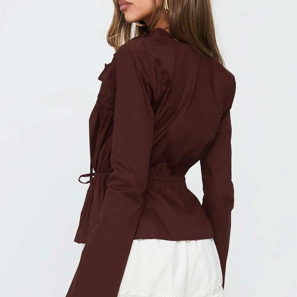 Button-down peplum top in brown with pockets for workday essentials