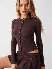 Brown button cardigan and a-line knit mini skirt for autumn