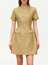 A tailored mini dress with button trim and short sleeves styled for refined daytime wear.