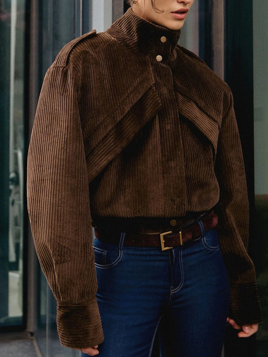 button up high collar corduroy jacket paired with jeans