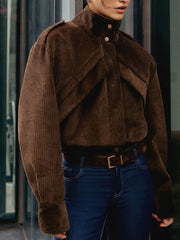 button up high collar corduroy jacket paired with jeans