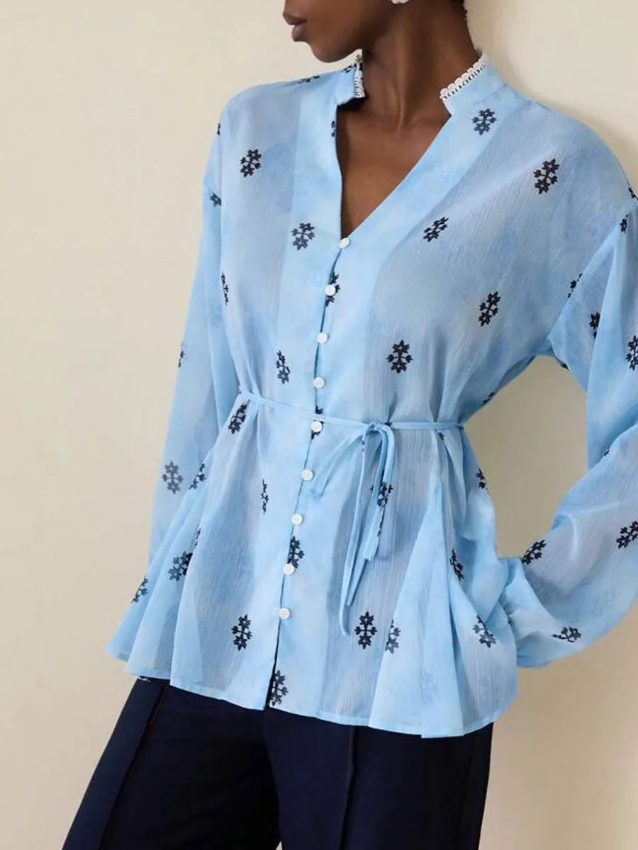 Sky blue floral belted shirt styled for brunch or casual autumn look