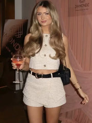 Button vest and mini shorts styled for Pinterest brunch inspiration