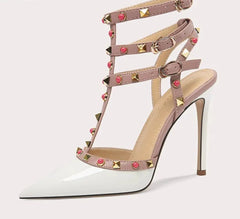 Caged city party shoes with gold studs and pointed toe