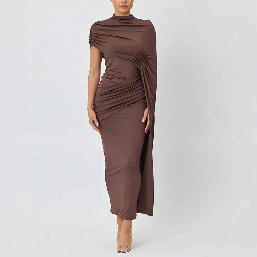 cape sleeve evening gown with sculpted ruched detailing
