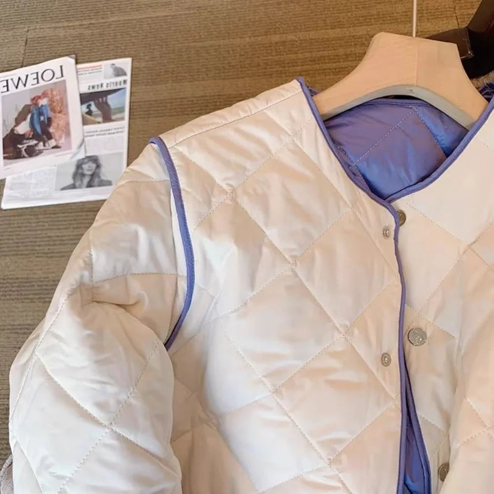 The jacket styled with jeans for a comfortable and chic winter streetwear look.