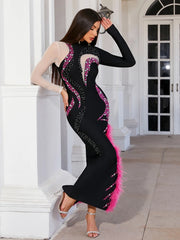 Luxurious evening clubwear gown with turtleneck and mesh sleeves