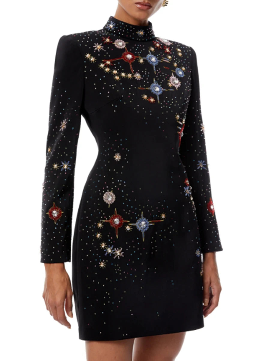 A-line evening mini dress with celestial diamond embellishments and sculptural stand collar