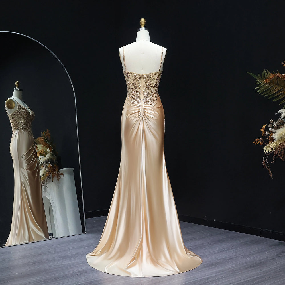 Close-up of beading and sequins on structured bodice of prom gown